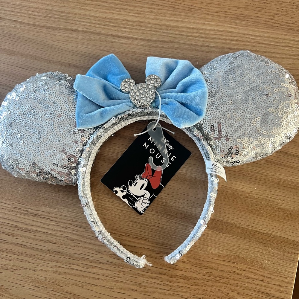 Disney Silver Sequin Ears with Blue Velvet Bow